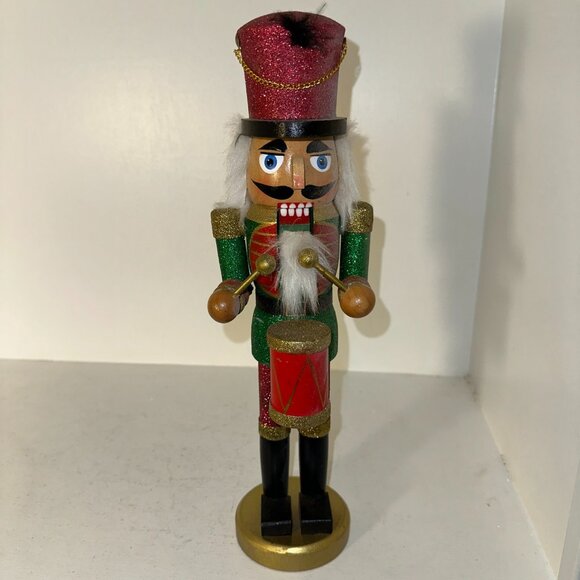 Handcrafted Wooden Nutcracker Drummer Figurine With Red & Green Glitter Accents - Picture 4 of 5